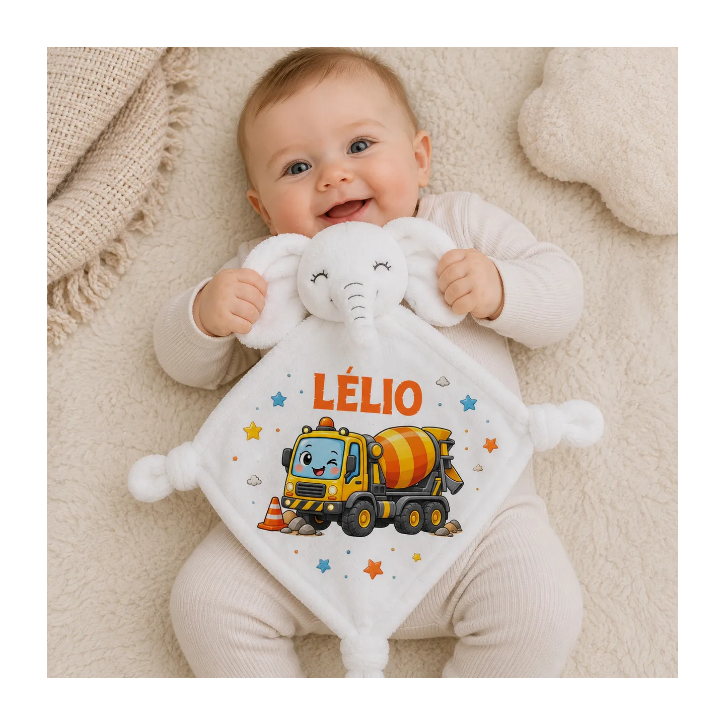 Doudou éléphant personnalisé engin de chantier avec prénom | Ketali