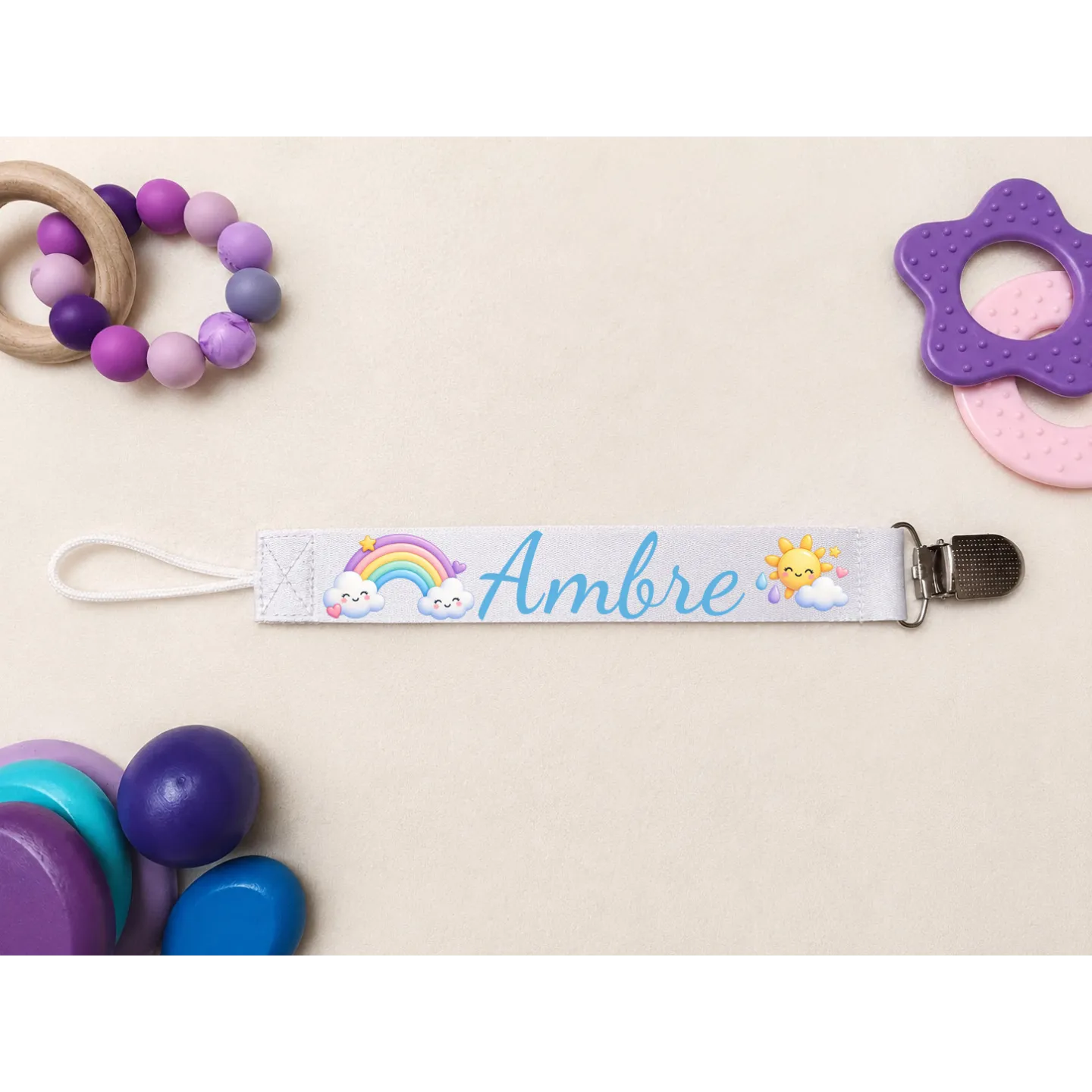 Attache-sucette arc-en-ciel personnalisée prénom bébé | Ketali