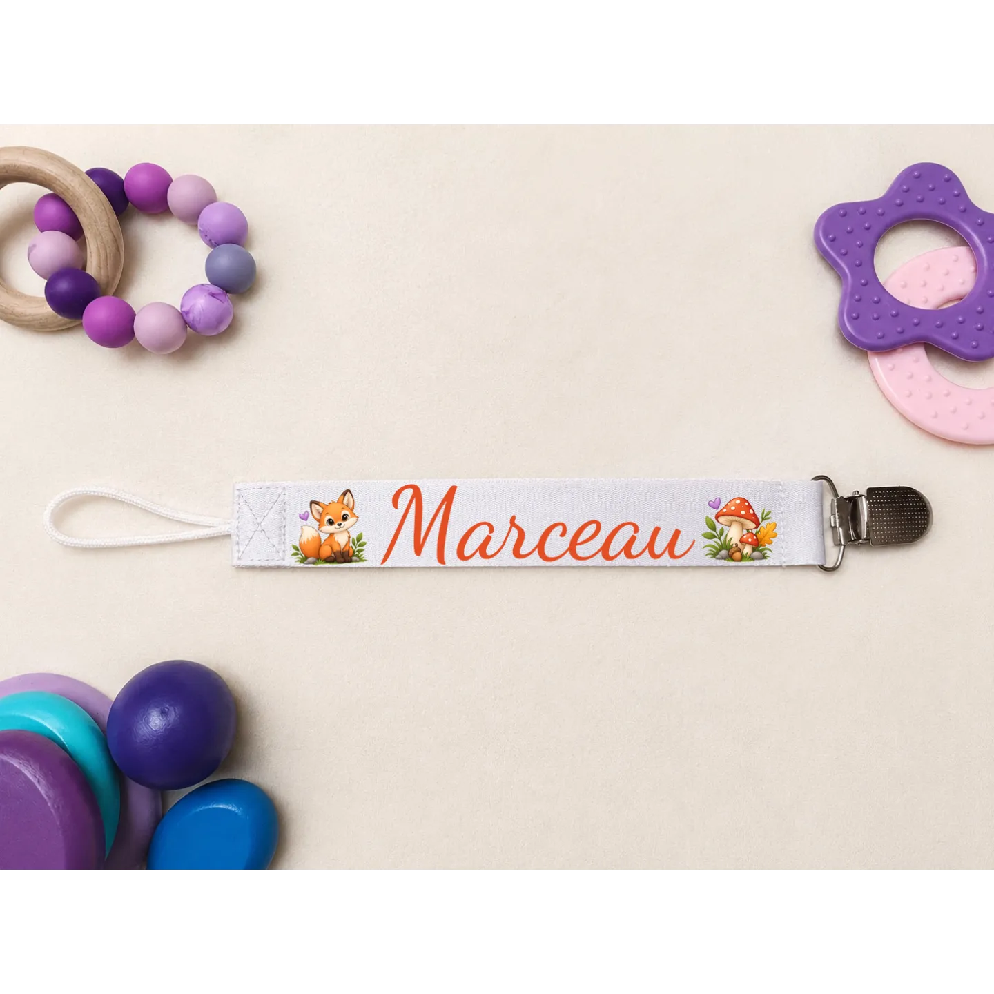 Attache-sucette reanard personnalisée prénom bébé | Ketali